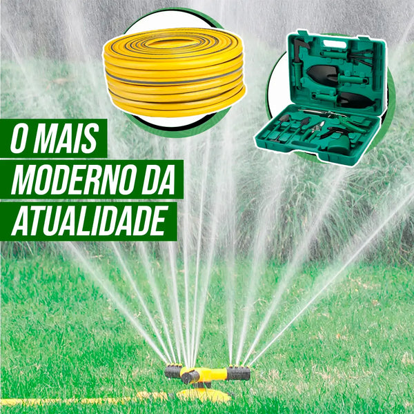 Sprinkler 360º - Automático para Irrigação + 2 BRINDES: Mangueira 15M e Kit de Jardinagem